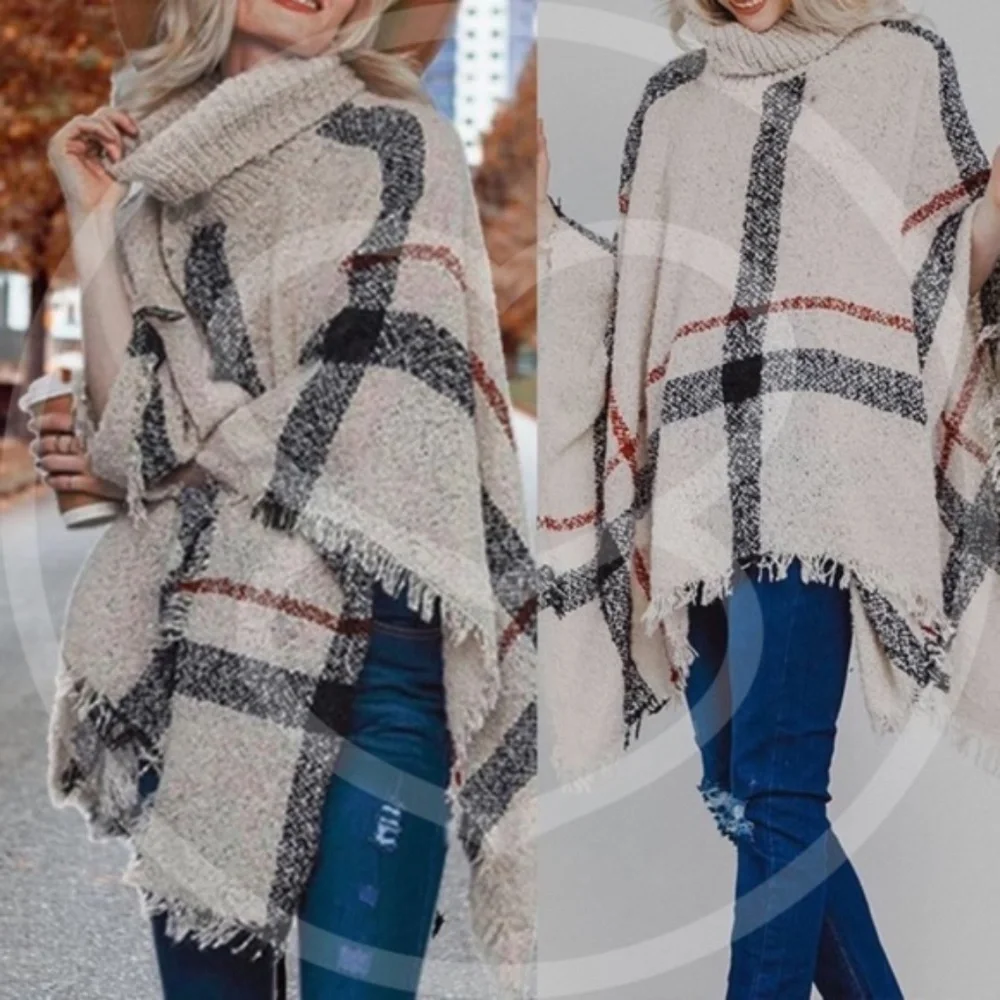 040 Cozy Turtleneck Plaid Frayed Hem Poncho - Picture 11 of 16